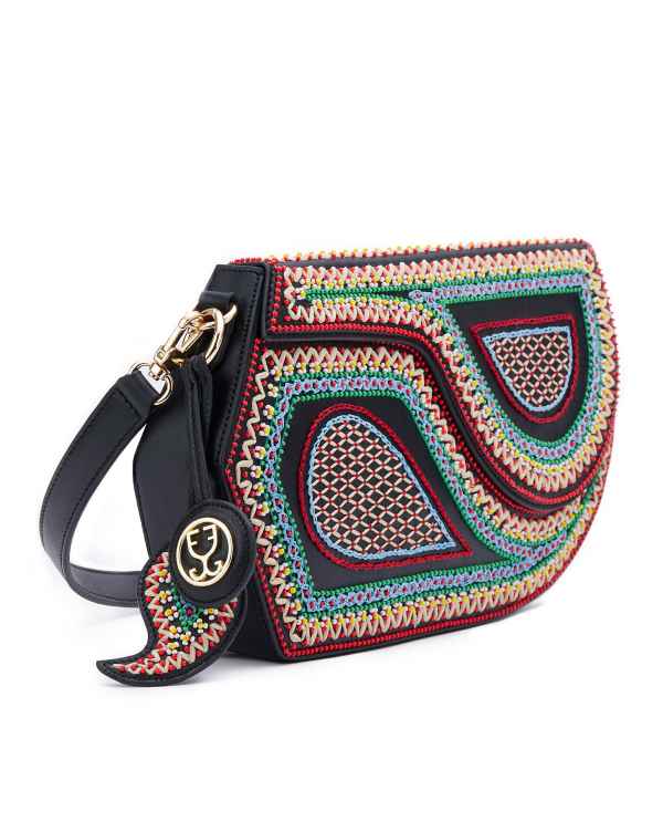 GEO Shoulder Bag Leather : Black (With Colourful Beads) - Image 3