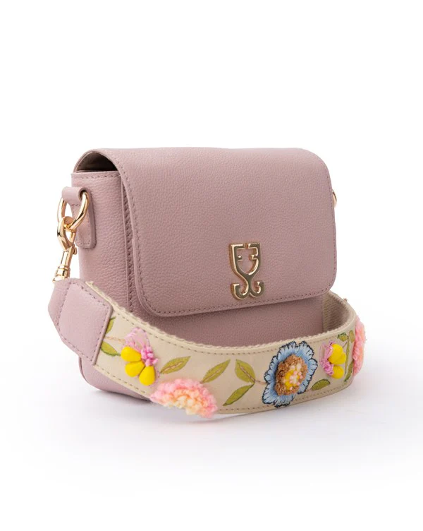 Mini Goblet Crossbody Leather Bag : Blush Pink with Embroidered Strap - Image 3