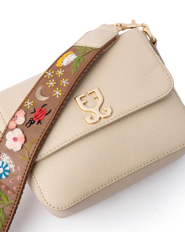 Mini Goblet Crossbody Leather Bag  : Cream with Embroidered Strap - Image 4