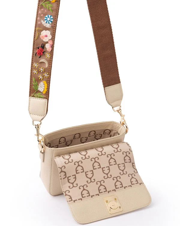 Mini Goblet Crossbody Leather Bag  : Cream with Embroidered Strap - Image 5