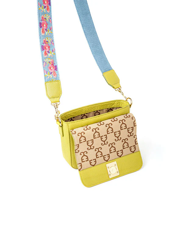 Mini Goblet Crossbody Leather Bag : Lime Green with Denim Straps - Image 3