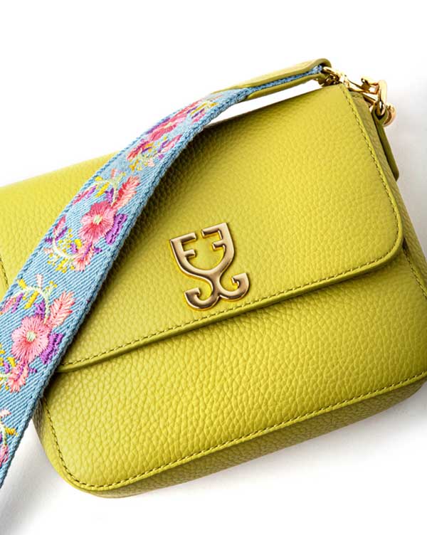 Mini Goblet Crossbody Leather Bag : Lime Green with Denim Straps - Image 4