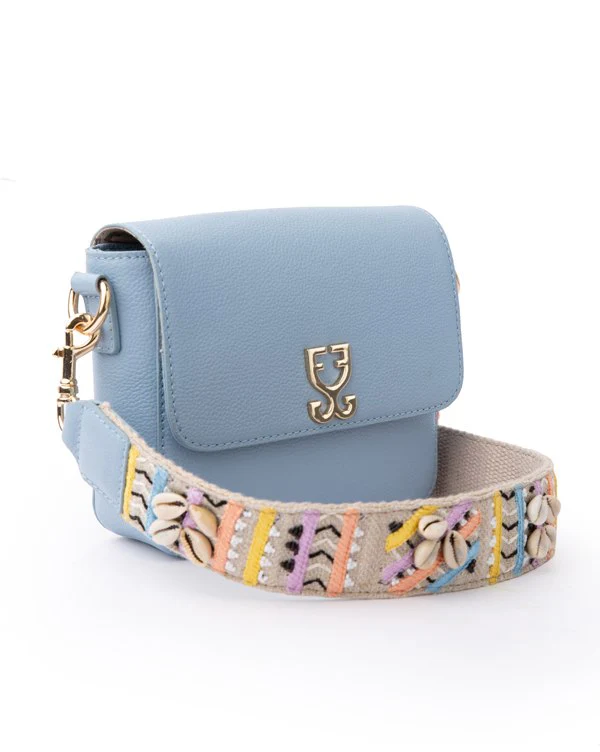Mini Goblet Crossbody Leather Bag : Stone Blue with Embroidered Strap - Image 3