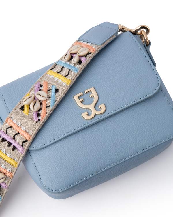 Mini Goblet Crossbody Leather Bag : Stone Blue with Embroidered Strap - Image 4