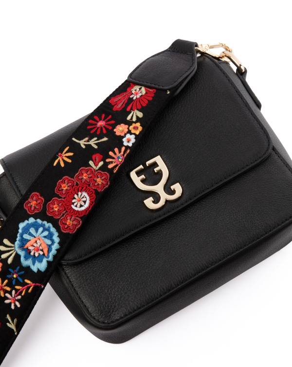 Mini Goblet Crossbody Vegan Leather Bag :  Black With Embroidered Strap - Image 3