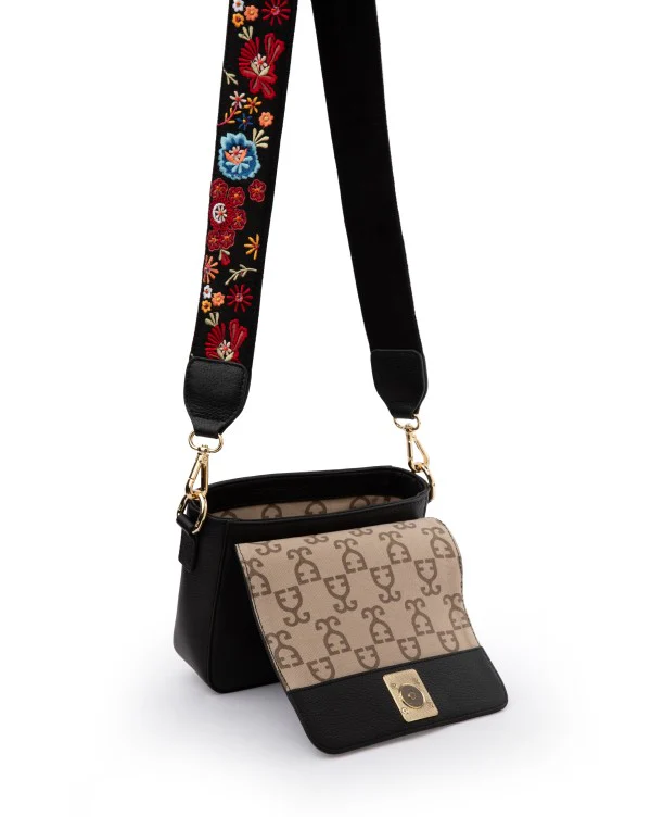 Mini Goblet Crossbody Vegan Leather Bag :  Black With Embroidered Strap - Image 4